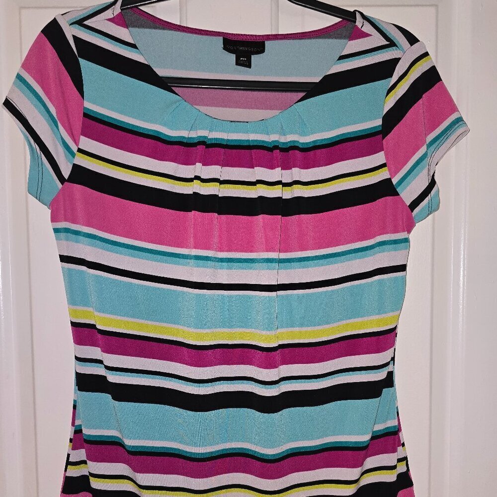 Worthington fun pink black stripe business blouse petite medium